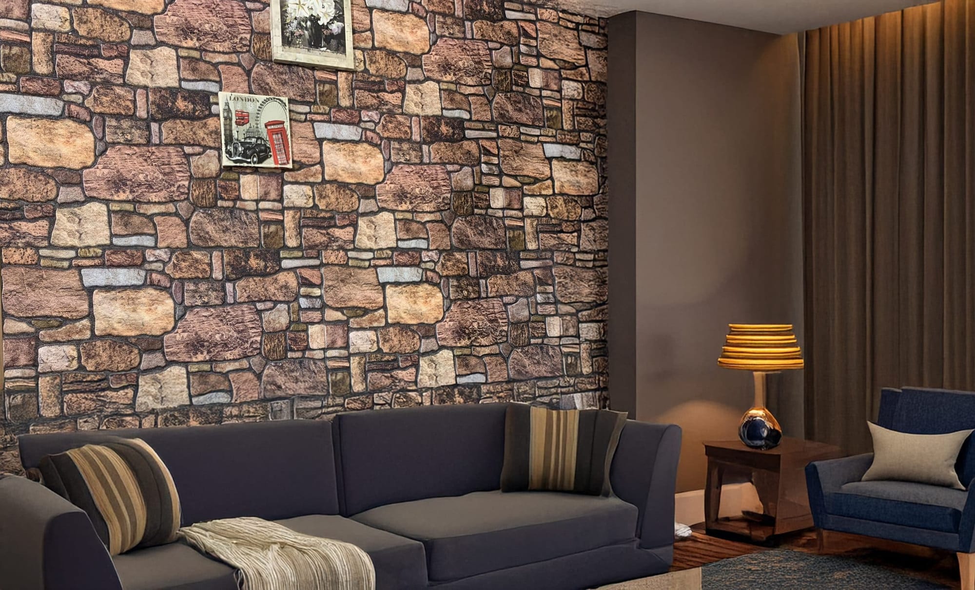 A cozy living room with rustic stone brick wallpaper décor.
