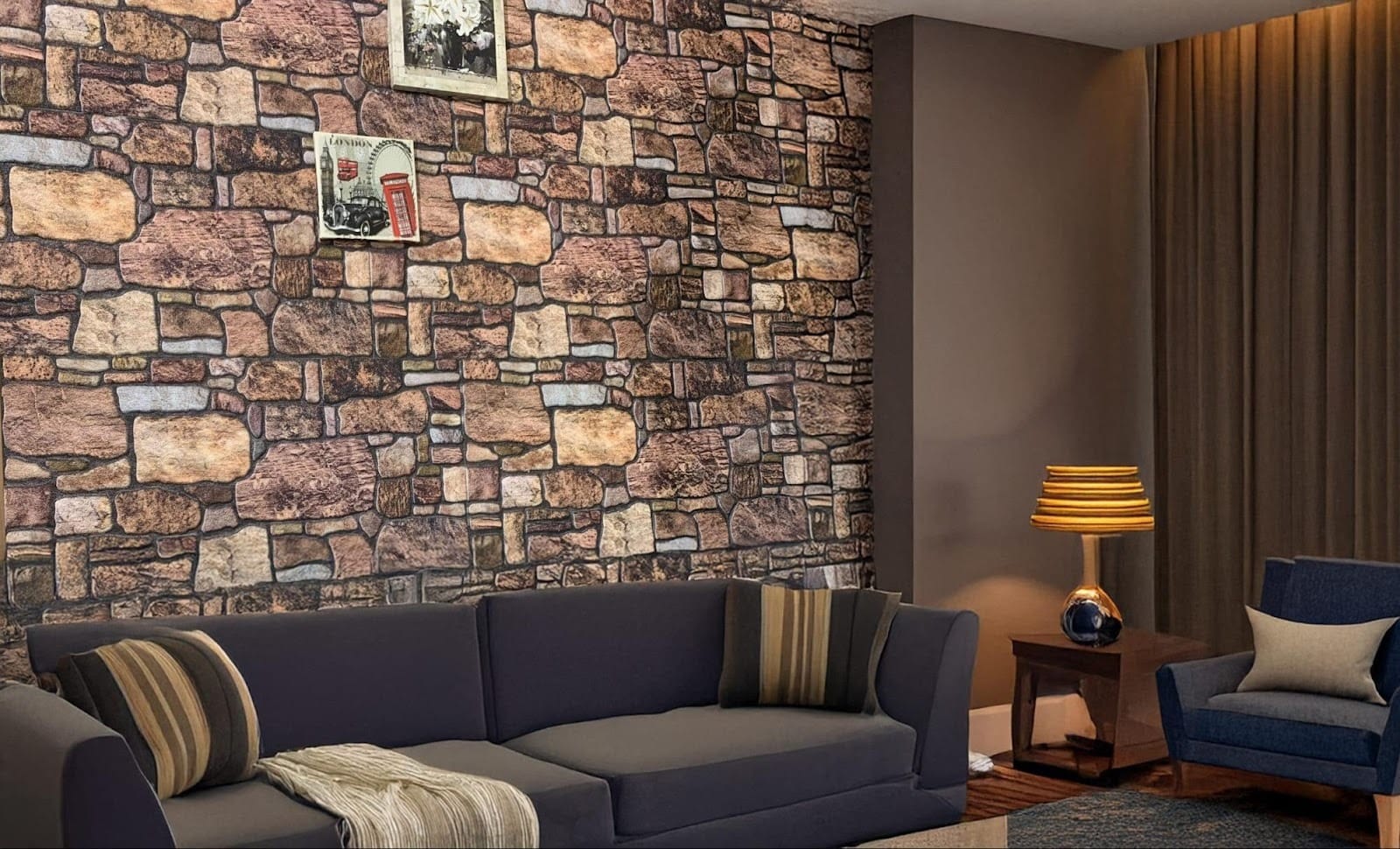 A cozy living room with rustic stone brick wallpaper décor.