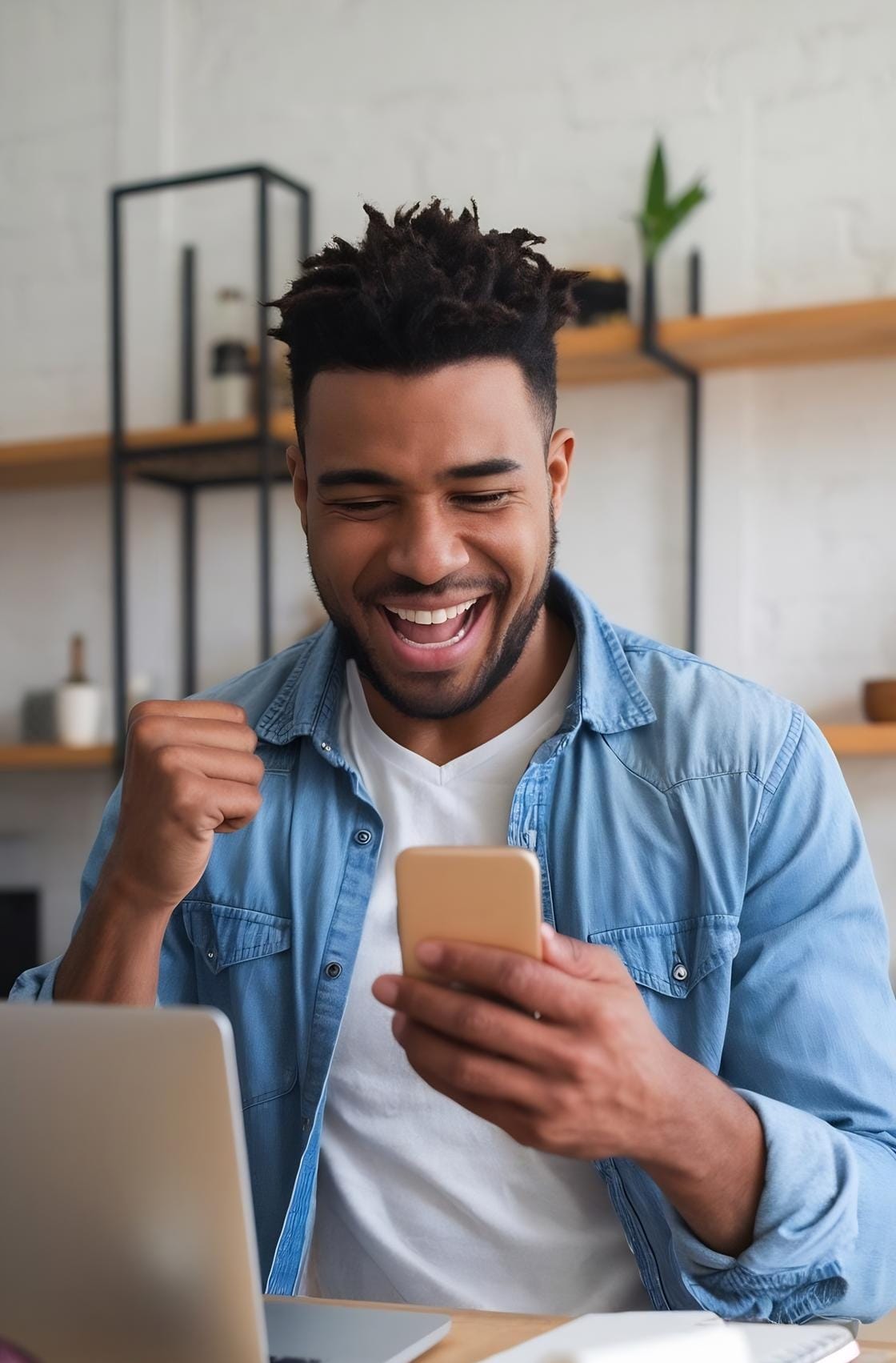 Overjoyed young black man with smartphone feeling excited over winning lottery or bet online
