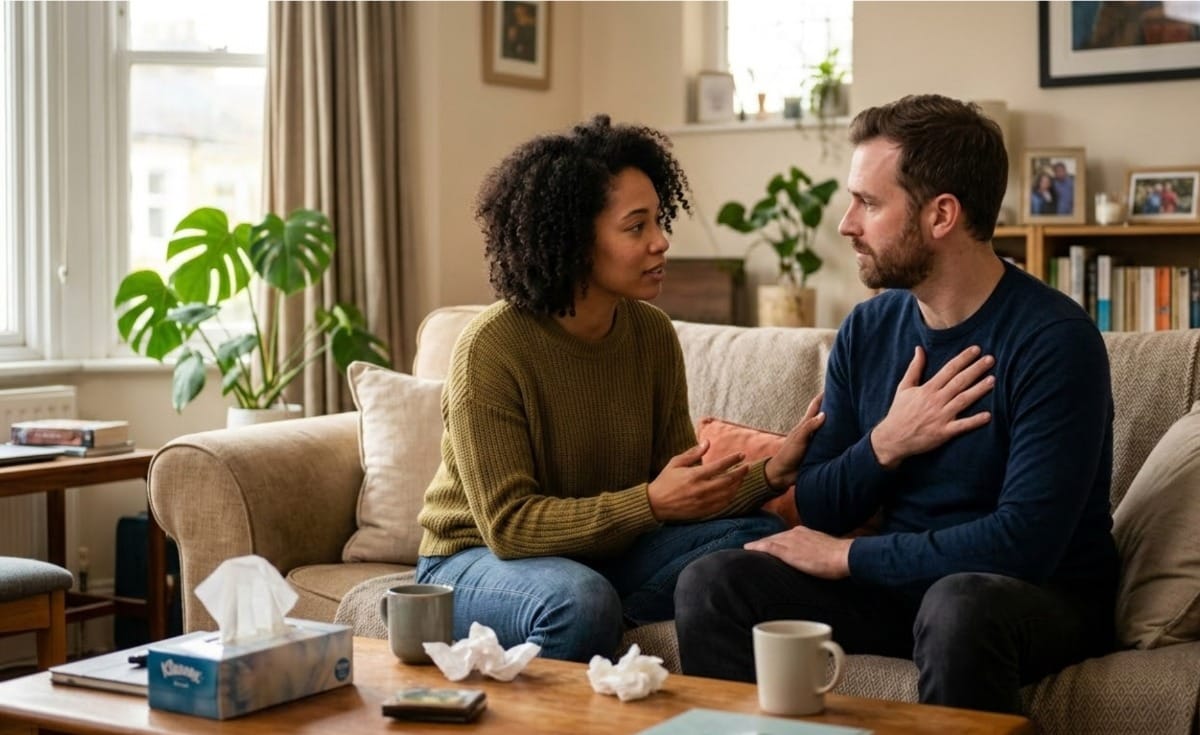 couple talking while sitting on a couch