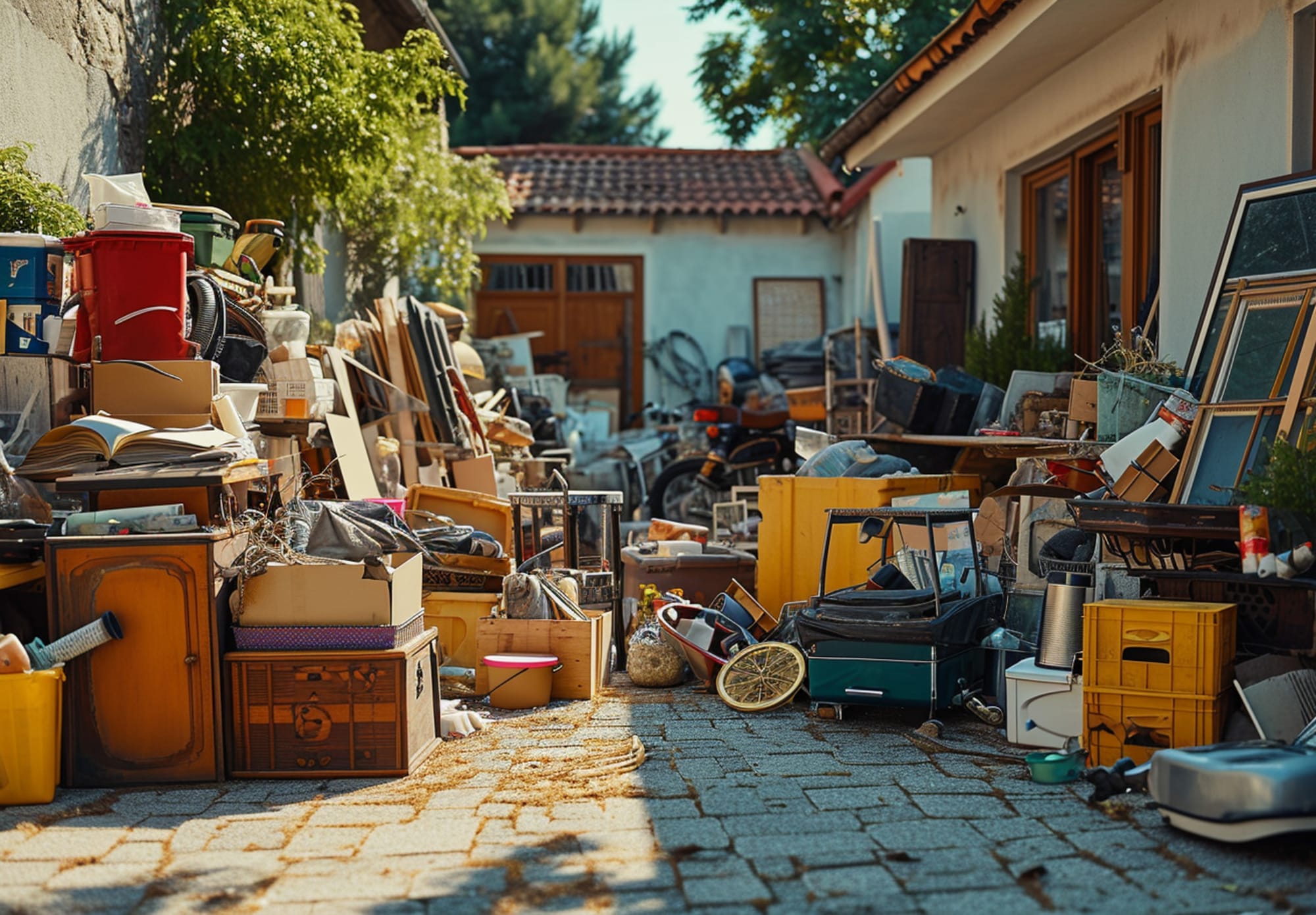 Scene with miscellaneous items being sold at a yard sale for bargains