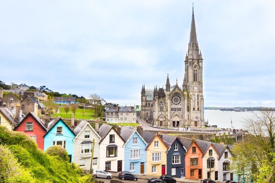 Cathedral and colored houses in Cobh, Ireland