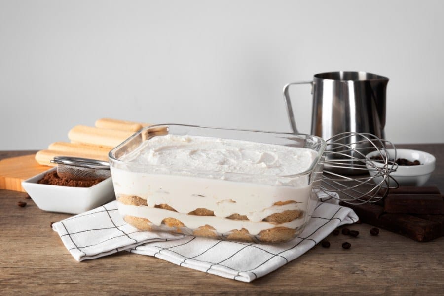 High angle delicious tiramisu tray on table