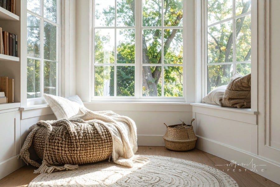 Cozy Reading Nook with Woven Pouf