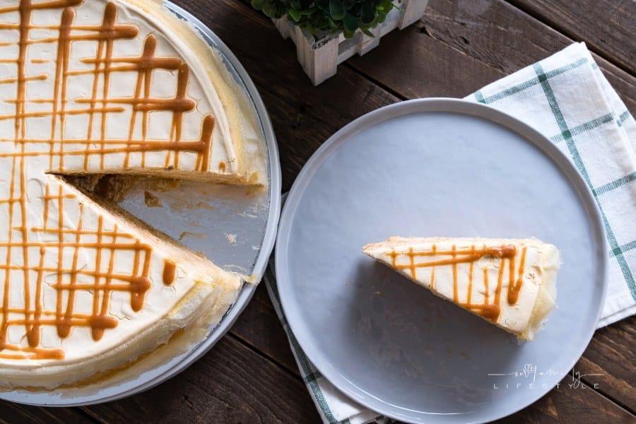 slice of salted caramel crepe cake