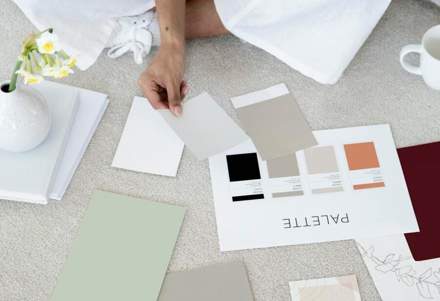 Designer sits on carpet with color palettes and samples, planning creative project.