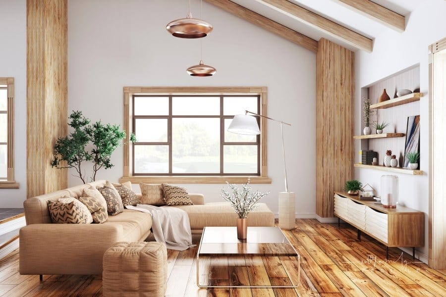 Interior of modern living room with beige sofa and wood elements