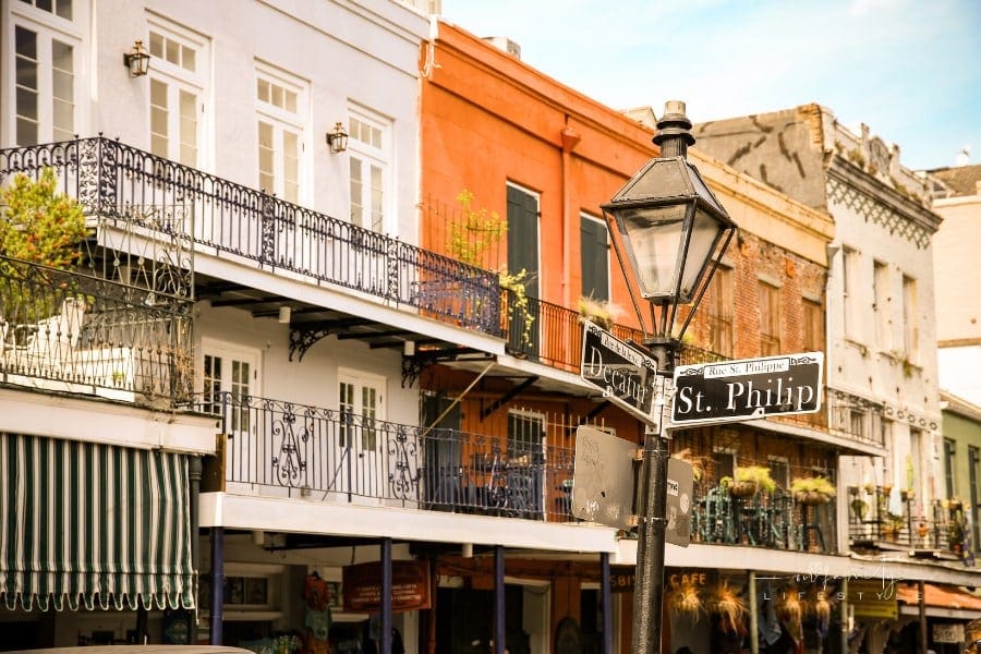 New Orleans French Quarter Colorful Facades, Black Balconies, Trees