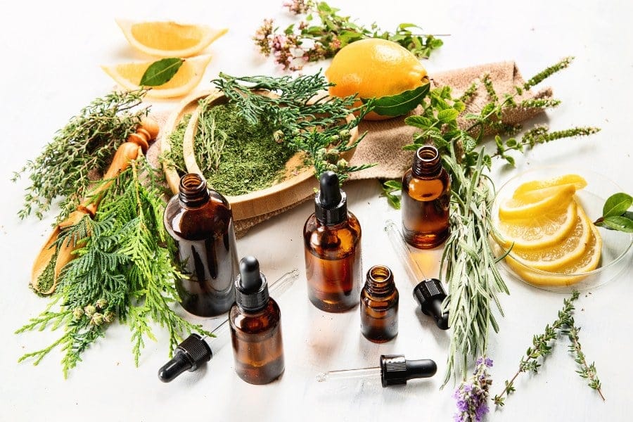 Bottles of essential oils Herbal medicine. Aromatherapy.