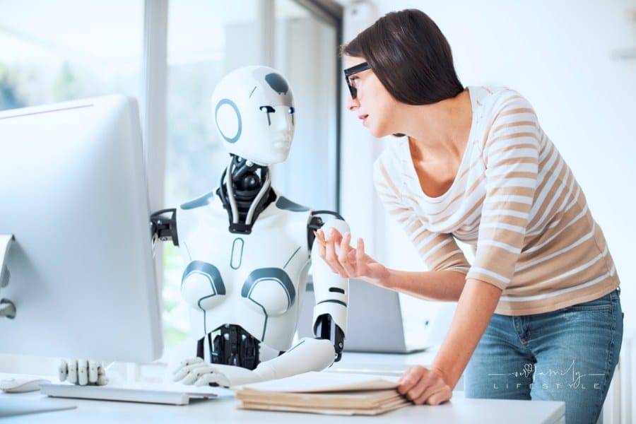 Woman and AI robot working together