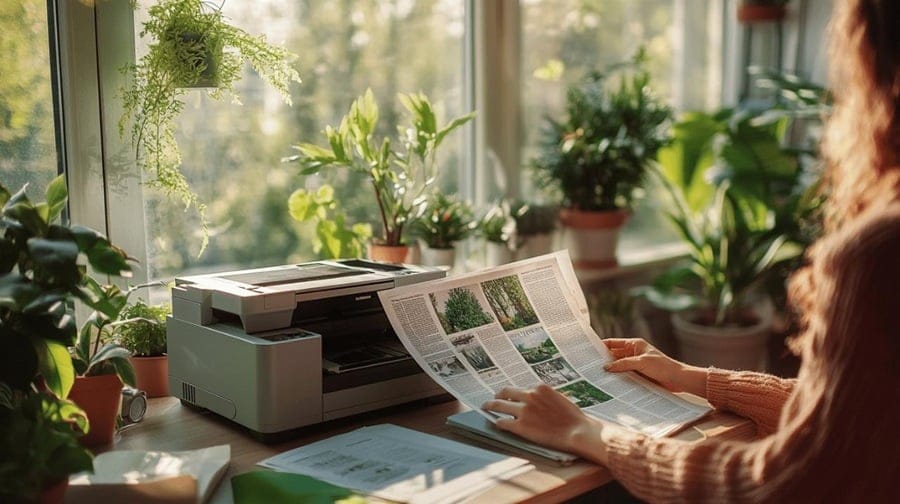woman reading a newspaper in front of a printer