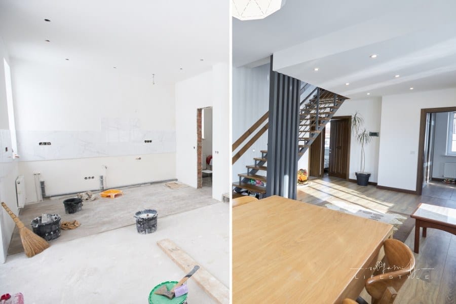 house interior renovation concept with one half before and other half after