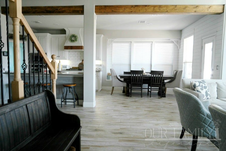 kitchen and dining room - after DIY faux beams