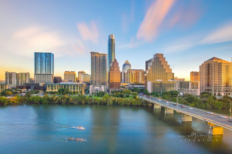 Downtown Skyline of Austin, Texas in USA from top view at sunset
