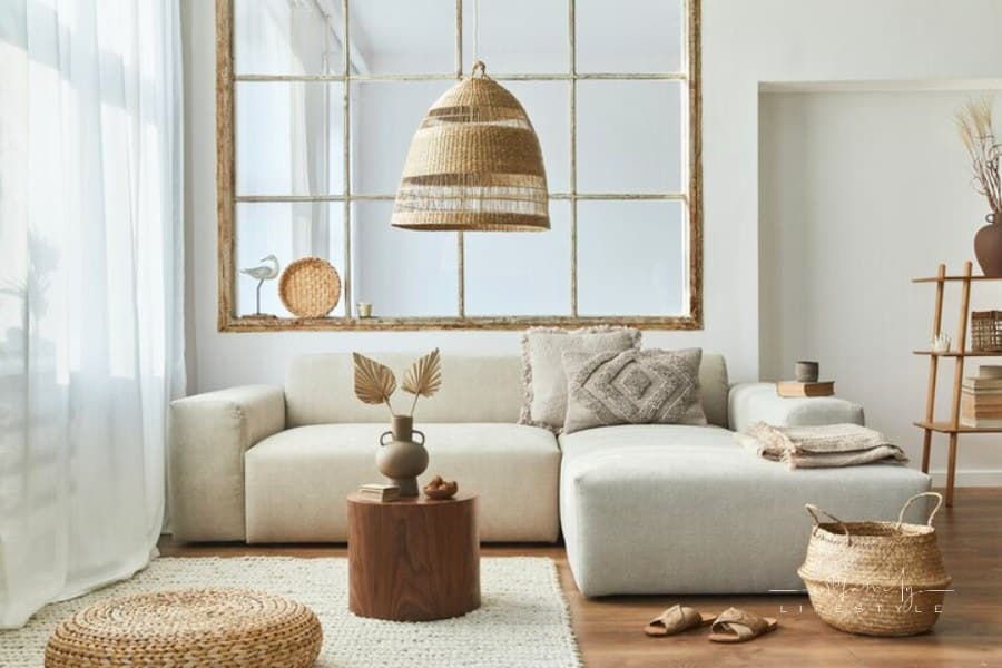 cozy home with large comfy couch and neutral color palette