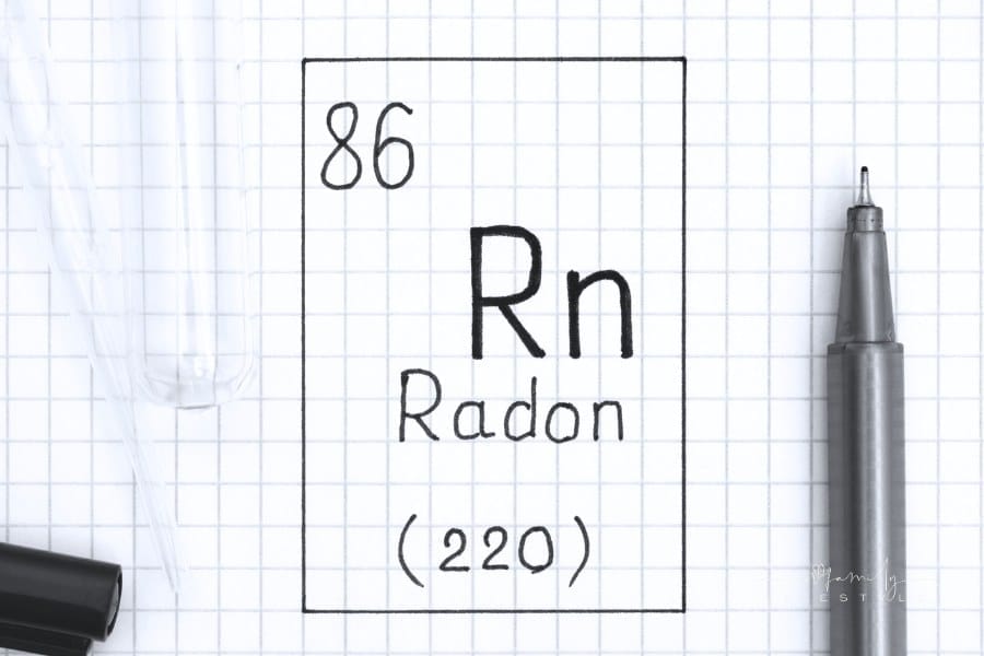 The Periodic table of elements. Handwriting chemical element Radon Rn with black pen, test tube and pipette.