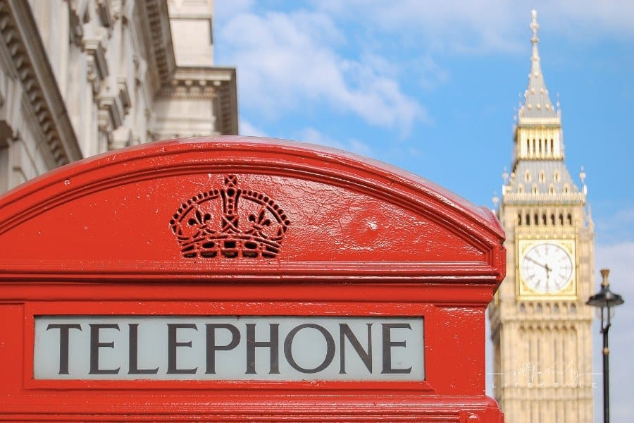 London, United Kingdom with view of red telephone booth