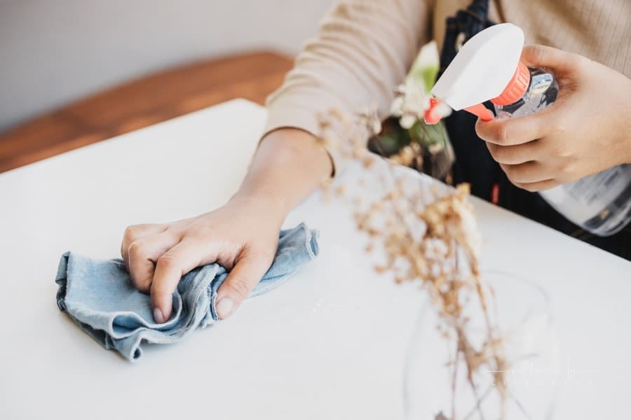 House Cleaner Spraying and Wiping White Table