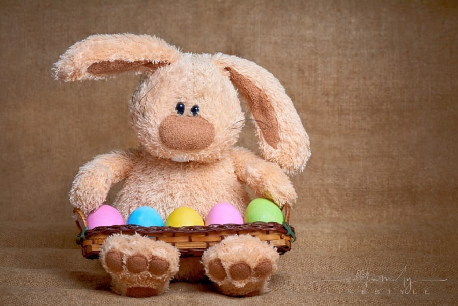 Stuffed soft rabbit with colorful bright painted eggs.