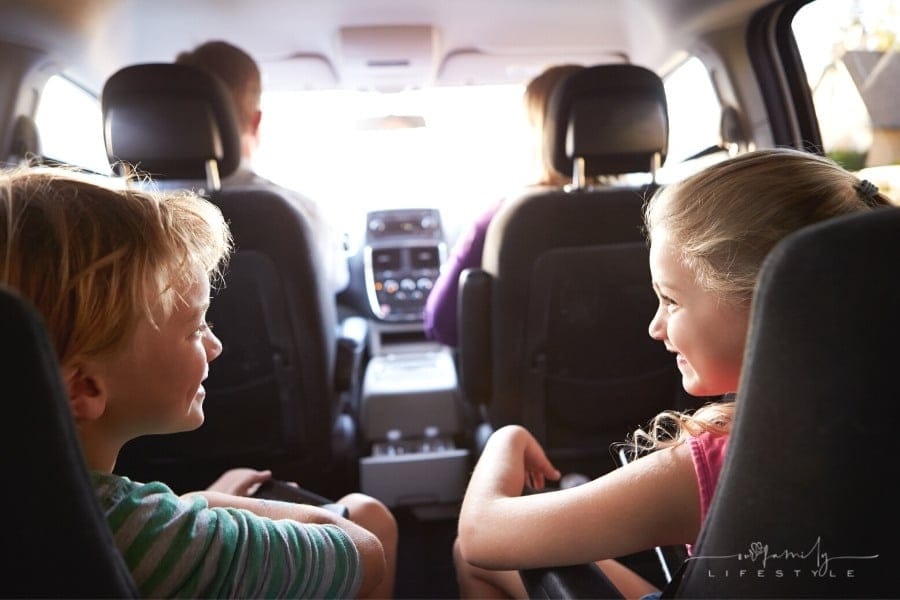 two children looking at each other in back seat of car