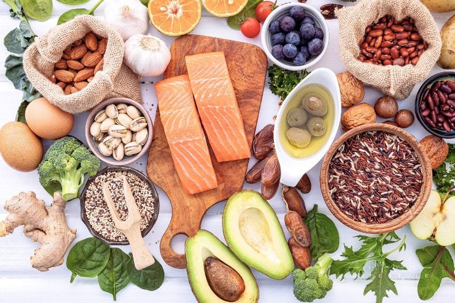 Assortment of Raw Meat, Vegetables, and Fruits