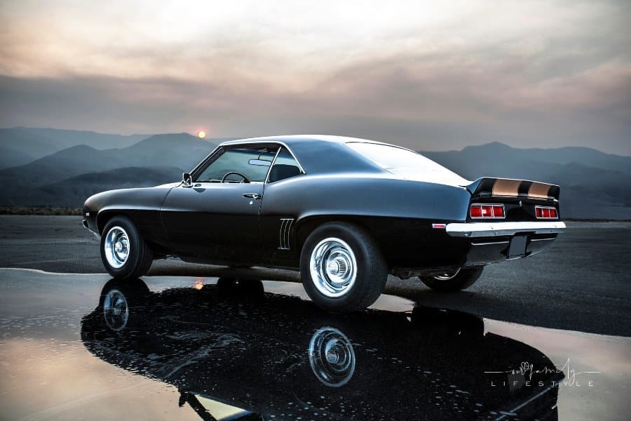 black and gold American muscle car