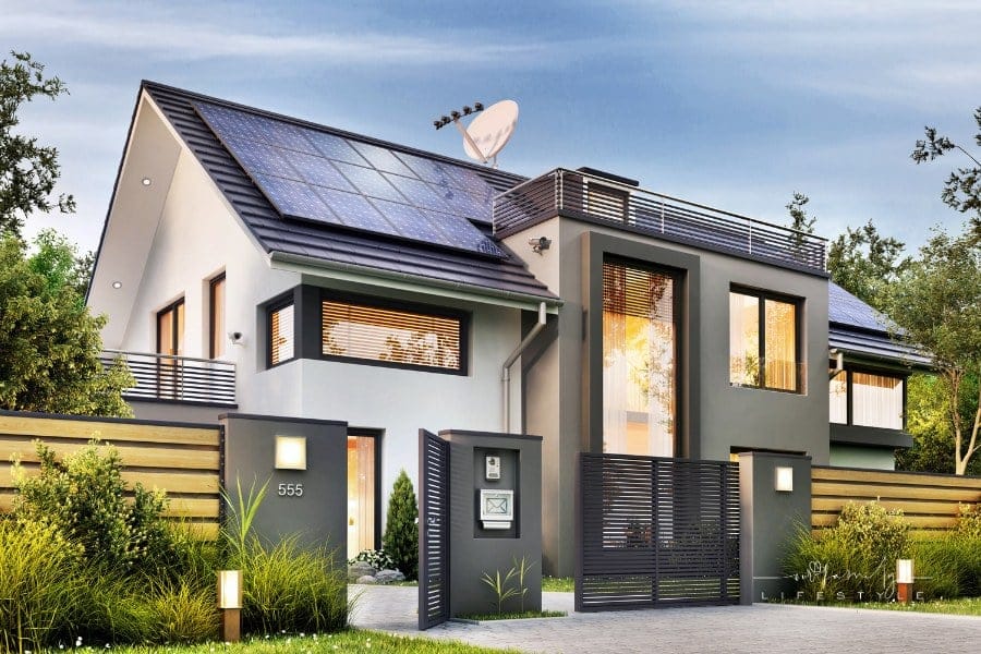 Modern house with garden and solar panels