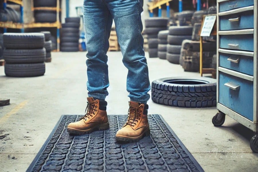 photo of a warehouse or tire shop environment with a male worker standing on an anti-fatigue floor mat. The worker is wearing
