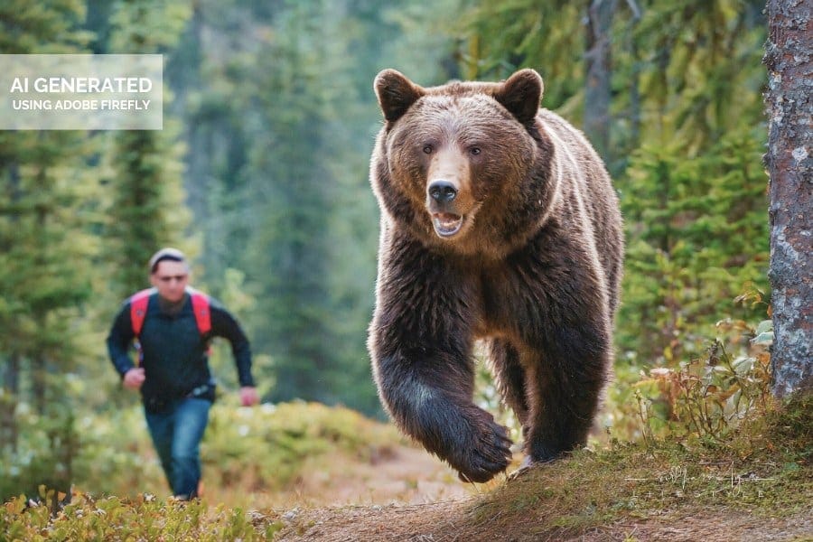 AI generated image of a bear running trhough the forest in teh foreground, while a man runs further back